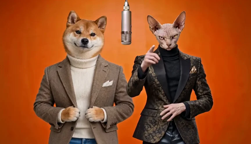 Shiba and sphynx on the orange Hotel Lobby stage